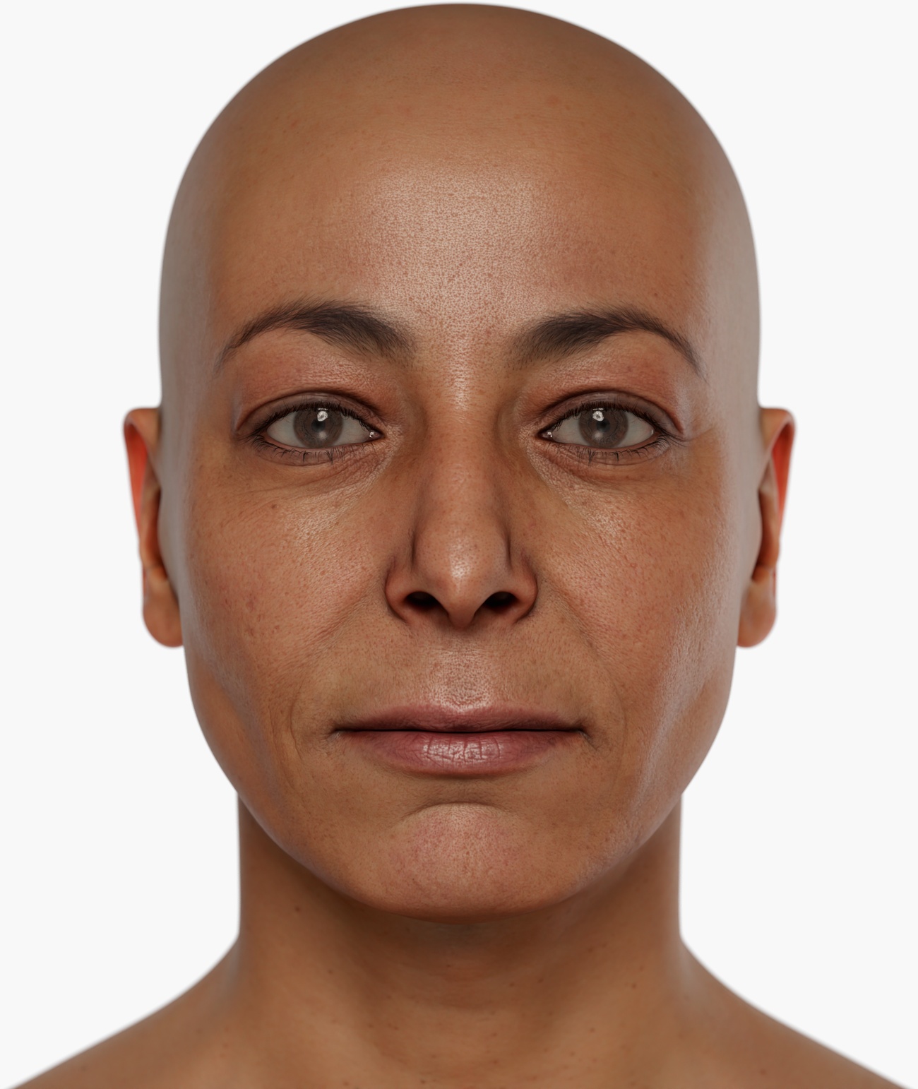 High-resolution 3D head scan render of an average-build female with soft facial features and warm skin tone